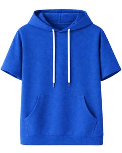 Haut à capuche bleu à manches courtes pour homme, pull décontracté, t-shirt léger d'été, streetwear, en mélange de coton avec poche kangourou - Product Image 1