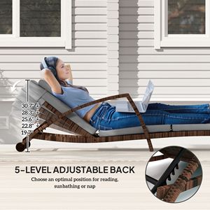Set di 2 Chaise Longue da Esterno Grigie in Vimini con Schienale Regolabile, Ruote, Cuscini, Braccioli, Materiale PE e Telaio in Alluminio - Product Image 4