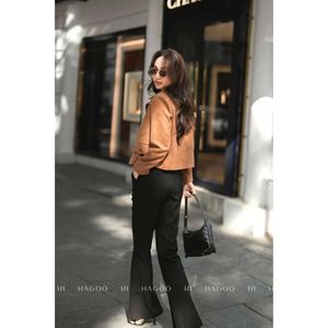 Women's Brown Suede Like Coated Jacket Double Breasted Short Coat Peak Lapel Winter Outerwear [B8079] - Product Image 6