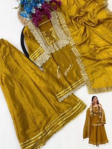 Conjunto Indio-Pakistaní de Seda con Bordado de Mostaza, Kurta Anarkali con Dupatta para Mujer, Traje para Bodas, Fiestas y Diwali - Product Image 5