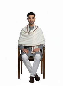 Cream Traditional Shawl printing and embroidery <b>Wrap</b> Scarf Border Design for Daily Wear - Product Image 5