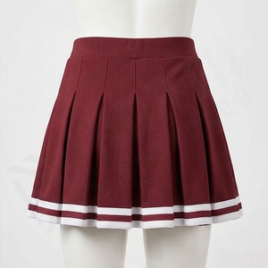 Women's Burgundy Pleated Mini <b>Skirt</b> Sporty A Line Short <b>Skirt</b> with <b>White</b> Stripe Hem - Product Image 2