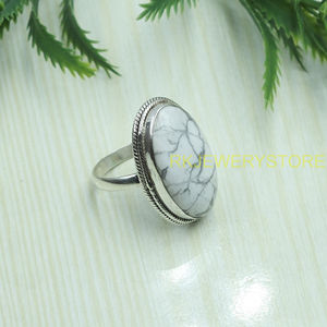 Natural White Howlite Gemstone <b>Ring</b> 925 Sterling Silver Handmade Oval Cabochon Stone <b>Statement</b> Jewelry Boho Vintage Style Women - Product Image 2