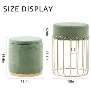 Set of 2 Round Velvet Upholstered Vanity <b>Stool</b> Footrest Living Room Side Table with Removable Lid <b>Storage</b> Ottomans - Product Image 2