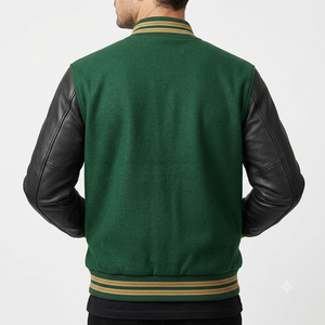 <b>Men's</b> Green Varsity <b>Jacket</b> With Black <b>Leather</b> Sleeves Button Closure Turn-down Collar Casual Fleece <b>Jacket</b> Autumn Wear - Product Image 4