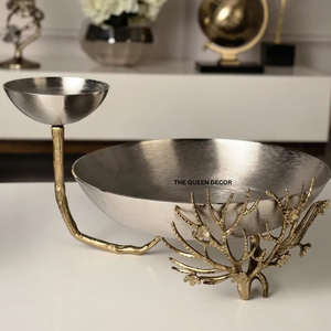 Antique Design Home Decorative Bowl Top Quality Polished Metal Round Bowl With Flower Branch Accent For Wedding Or Any Events - Product Image 1