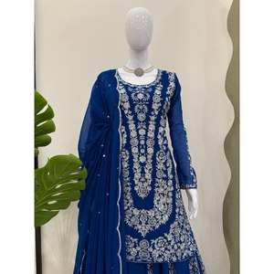 Ensemble haut-bas et dupatta pour soirée, taille XL, avec broderie et sequins - Product Image 3