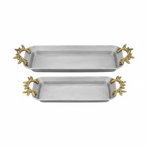 Hermosa bandeja de servir de metal y acero con asa dorada y acabado plateado para el hogar y restaurantes, bandeja para servir alimentos. - Product Image 3