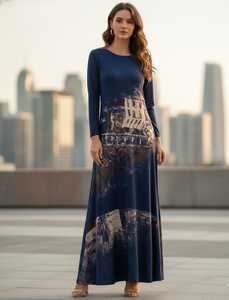 Vestido Abaya Estilo Occidental de Nailon Estampado con Mangas Largas y Falda en Línea A para Mujer - Product Image 2
