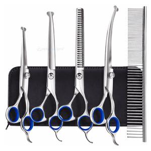 Ensemble de ciseaux de toilettage pour animaux de compagnie robustes 6 en 1, acier inoxydable 4CR avec pointe arrondie de sécurité pour chiens, chats et autres animaux - Product Image 1