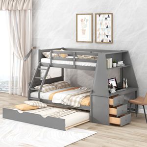 Letto a castello grigio con letto estraibile, scrivania integrata, tre cassetti portaoggetti e mensola - per bambini - Product Image 1