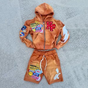 <b>Mens</b> Custom Two Piece Terry Sun Faded Wash Cotton Applique Embroidery <b>Patch</b> Track <b>Short</b> Set Zip Up Hoodie Autumn Outfit - Product Image 1