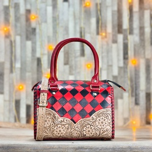 Luxury Genuine Leather <b>Medium</b> Size Speedy <b>Handbag</b> Red Black Checkerboard Floral Embroidery Lightweight Large Capacity Travel - Product Image 1