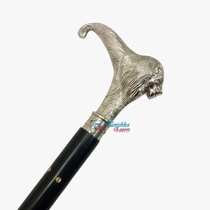 Canne de marche en bois noir pliable et réglable, style Art Déco, avec motif lion en laiton nickelé vintage, pour hommes et femmes âgés - Product Image 1