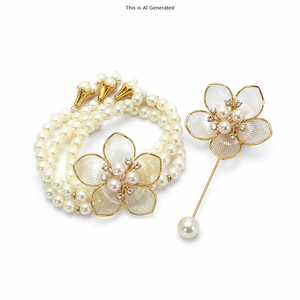 Pulsera de Perlas Hecha a Mano para Mujer y Broche Floral para Hombre, Accesorios para Parejas de Boda, Combo Perfecto para Novios - Product Image 1