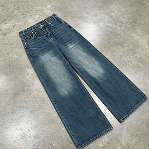 Pantalon cargo en denim, style rétro américain, mode urbaine, coupe classique, décontracté, taille haute, 100% coton, délavé à l'acide, jean léger - Product Image 1