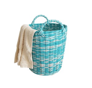 Panier polyvalent en rotin turquoise et blanc avec un motif de tissage unique, bac de rangement tissé à la main, organisateur décoratif - Product Image 1