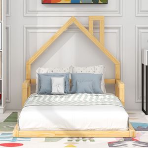 Letto in Legno Naturale a Forma di Casa con Testiera per Cameretta Bambini, Misura Singola - Product Image 3