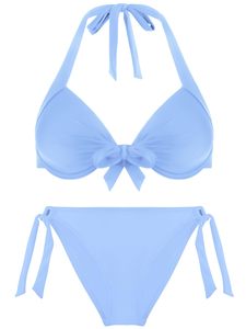 Ensemble bikini deux pièces sexy pour femme avec armatures, couleur unie, maillot de bain d'été, décolleté en V, découpes, taille mi-haute, tenue de plage - Product Image 2
