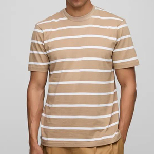 Men's Camiseta Short Sleeve T-Shirt-Formal Crew Neck Striped <b>Tee</b> Beige <b>White</b> Loose Fit Comfort Wear 100% Cotton Front Logo - Product Image 1