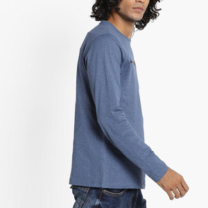 T-shirt à manches longues pour homme, col rond, bleu uni, jersey de coton, coupe ajustée, vêtement décontracté, détail fermeture éclair sur le devant - Product Image 3