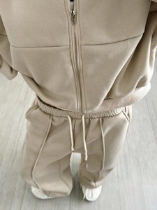 <b>Womens</b> Beige Zip-Up Hoodies Cropped Sweatshirt Set Fleece Solid Color Tracksuit Custom Logo Casual Wear Full Sleeve Stand <b>Collar</b> - Product Image 5