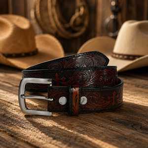 Ceinture en cuir véritable de style western avec broderie paisley, boucle rectangulaire argentée, durable, style décontracté vintage, à porter au quotidien - Product Image 3