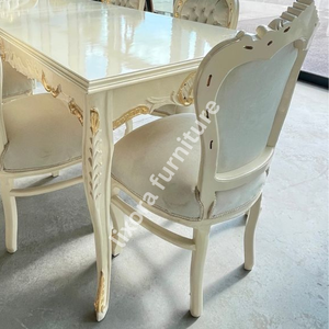 Ensemble de table à manger de luxe artisanal blanc et or pour 6 personnes, décor victorien orné et sculpté, finition brillante - Product Image 2