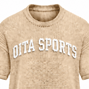 T-shirt tricoté beige pour homme, manches courtes, col rond, texturé, décontracté, imprimé personnalisé, streetwear, mode estivale, vente en gros de vêtements - Product Image 3