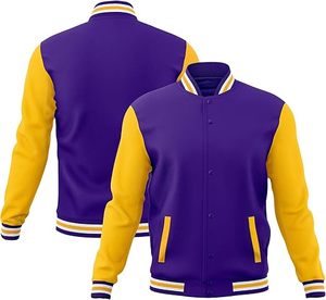 Chaqueta bomber varsity para hombre, transpirable, de algodón, con bordado de béisbol, color morado-amarillo - Product Image 2