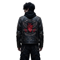 Blouson en cuir punk pour homme avec patch cœur brodé, fermeture éclair cloutée, 480g, style motard gothique streetwear