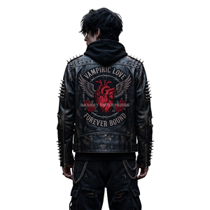 Custom Gothic Biker Leather Jacket <b>Men</b> Embroidered Heart Patch <b>Studded</b> Distressed Punk Rock Moto Streetwear Wholesale Supplier - Product Image 1