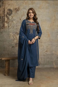 Blue Cotton Ethnic <b>Kurta</b> Palazzo Set with Hand Drawn Print and Dupatta for <b>Women</b> Casual Wear - Product Image 2