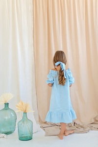 Robe en lin bleu clair mère et fille, tenue de soirée assortie avec boutons avant et bandeau élastique doux sur les épaules nues, mignon - Product Image 6