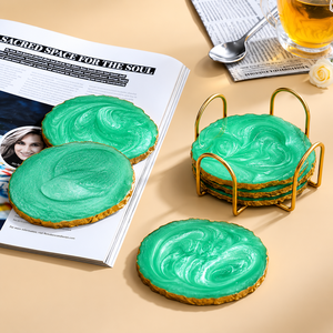 Epoxy Resin Luxury Coasters Set Round Shape Bohemian Design Non Slip <b>Mats</b> & Pads Green Gold Trim 6mm Thickness 100mm Diameter - Product Image 4