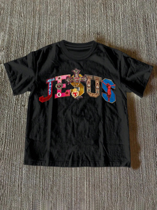 Camiseta de Manga Corta para Mujer, 100% Algodón de Alta Calidad, con Estampado Gráfico de Cruz y Jesús con Piedras Preciosas Multicolores, Cuello Redondo - Product Image 2