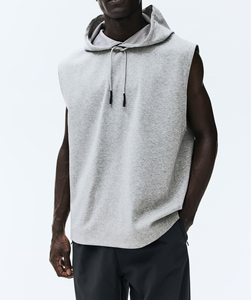 Men's Gray <b>Sleeveless</b> Winter Jersey <b>Hoodie</b> Drawstring Solid Regular Fit Sporty Front Logo Quick Dry OEM Service Sweatshirt - Product Image 3