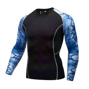 Camiseta de Compresión Deportiva para Hombre, Manga Larga, Negra con Patrón de Hielo Agrietado Azul, para Gimnasio y Entrenamiento - Product Image 2