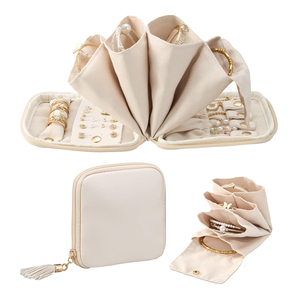 Beige PU Leather Jewelry Case Zipper Portable Storage Organizer Foldable Travel Necklace Ring Earring <b>Holder</b> - Product Image 1