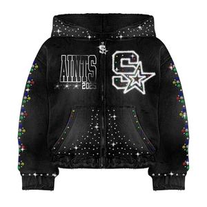 Fabricant de sweats à capuche zippés pour hommes en coton 400 g/m², coupe ample, effet vieilli, avec strass et diamants, personnalisables - Product Image 1