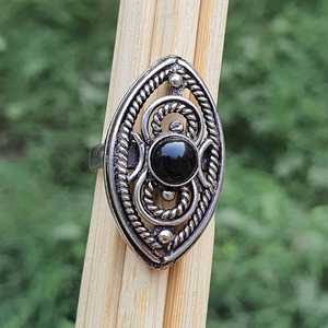 Grandes bagues ethniques en argent pour femmes, pierre précieuse onyx noir marquise, cadeau de mariage, bijoux faits à la main, élégants - Product Image 1