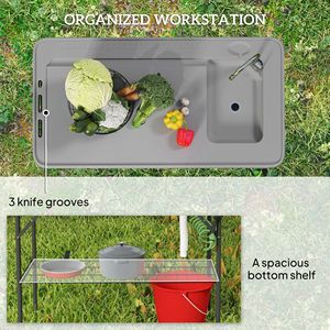 โต๊ะพับสีเทาแบบพกพาสำหรับทำความสะอาดปลา พร้อมอ่างล้างจาน ก๊อกน้ำ ท่อระบายน้ำ ชั้นวางของ และหัวฉีดสเปรย์ สำหรับการตั้งแคมป์ - Product Image 5