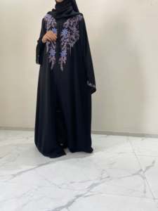 Modest Islamic Elegant Breathable Handmade <b>Black</b> Beaded Polyester Abaya Loose Long Sleeve <b>Floor</b> <b>Length</b> Modest Evening Party wear - Product Image 5