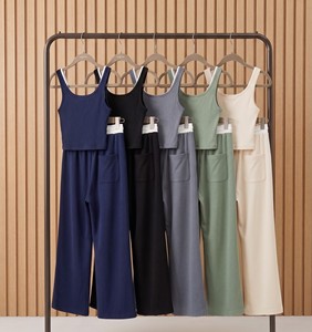 Ensemble 2 pièces pour femmes, col carré, haut court, pantalon large, coupe décontractée, 100% coton, printemps été, couleur unie, tenue tricotée - Product Image 5