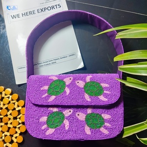 Sacs de rangement pour vêtements faits à la main, brodés de tortues marines, en coton 100% écologique et durable, avec perles violettes, pour bijoux individuels - Product Image 4