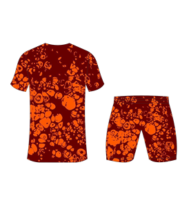Custom sublimated soccer uniform set for men with dark maroon and orange splatter pattern print jersey and matching <b>shorts</b> - Product Image 3