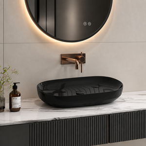 Oval Vessel Bathroom <b>Sink</b> Glossy <b>Black</b> Top Mount <b>Drainer</b> Minimalist Design Ceramic Counter Basin Modern School Hotel - Product Image 1