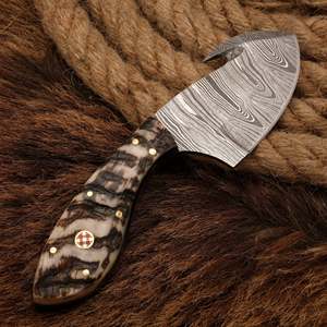 Cuchillo de desollado de acero de Damasco hecho a mano DIY OEM con mango de cuerno de carnero, hoja fija personalizada para caza y camping, funda de cuero, garantía personalizada de 3 años - Product Image 3