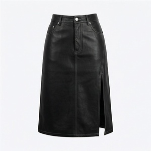 Women High Waist <b>Faux</b> <b>Leather</b> Midi <b>Skirt</b> Solid Straight Moto Style with Slit - Product Image 1
