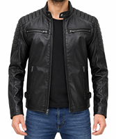 Veste de moto en cuir de vache noir respirant pour homme, coupe ajustée, col montant, fermeture éclair, style motard, hiver